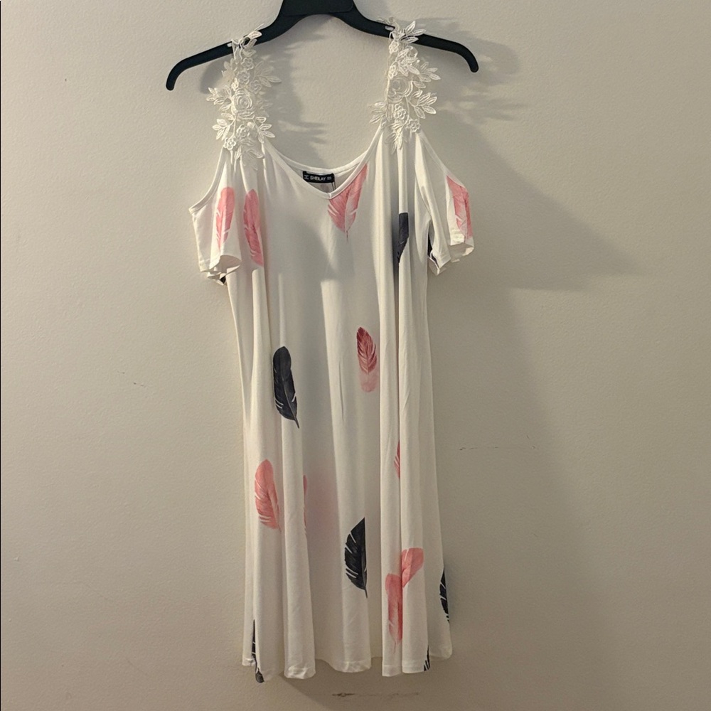 Floral Strap White Dress with Pink and Black Feather Print